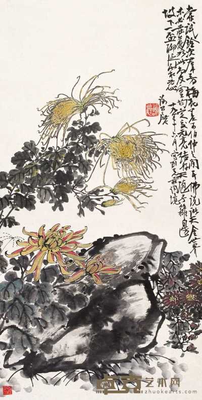 谢公展 1930年作 菊石图 立轴 103.5×52cm